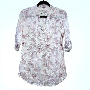 Malvin White Purple Floral Notch Neck 3/4 Roll Tab Sleeve Tunic Top Small